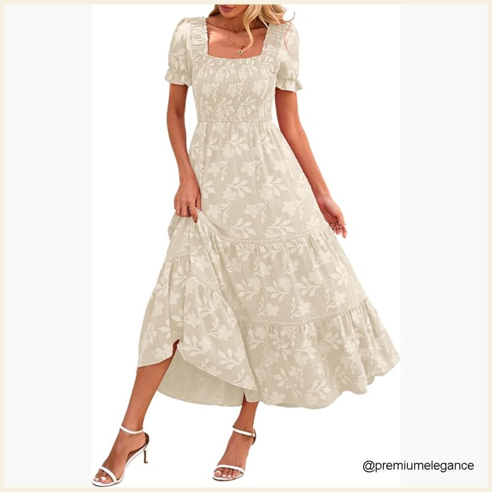 Summer Boho Floral Maxi Dress Short Sleeve Square Neck Smocked Ruffle Wedding